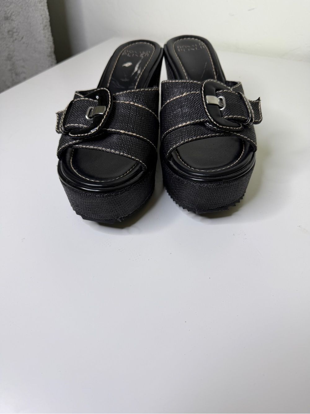 Donald Pliner Black Wedge Platform Slide Sandals with Buckle Y2k Fashion 9 - Picture 4 of 7